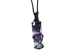 Crystal Gemstone Wire Wrapped Pendant Necklace, Rainbow Fluorite Crystal Hexagonal Point Pendant Cord Necklace