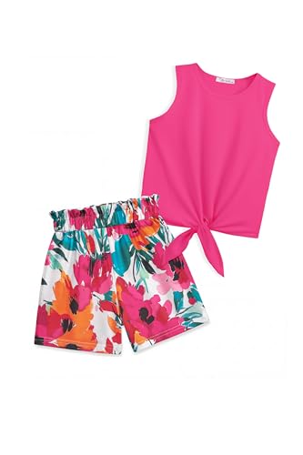 Image of Arshiner Girl's 2 Piece Outfits Tie Knot Tank Top and Paperbag Waist Pocketed Summer Short Sets