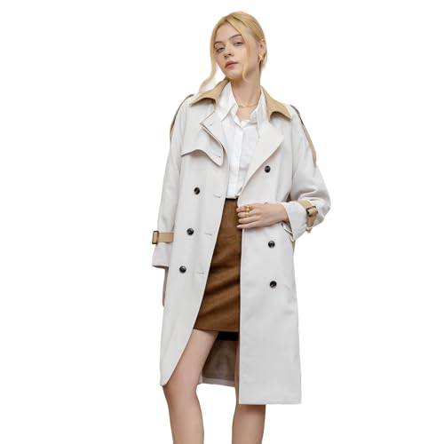 NXBC Damen Trenchcoat Zweifarbig Langmantel Zweireiher Locker Geschnitten Gürtel Storm Flap 101107 cm Außen 100% Polyester Innenfutter 100% Polyester Pflegeleicht Frühling/Herbst Alltag