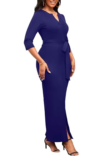 Image of Nmoder Long Maxi Dress for Women, Pencil Church Bodycon Dress Front Split | 3 /4 sleeve v neck, curvy tea party work semi formal cocktail funeral date bridesmaid dress, colorblock, m-3xl