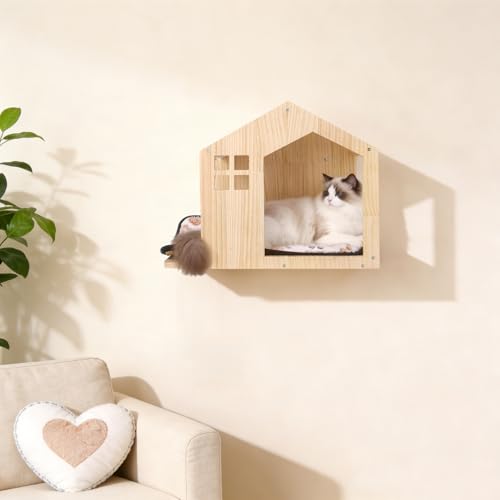 Dmnnlp Wall Mounted Cat House Bed, Pine Wood Cat Box Bed Condo with Double-Sided Cushion, Wall Cat Furniture, Easy Install Space-Saving Furniture for Indoor Cats