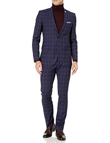 Nick Graham Men's Slim fit Stretch Finished Bottom Suit, Blue Windowpane, 38 Short
