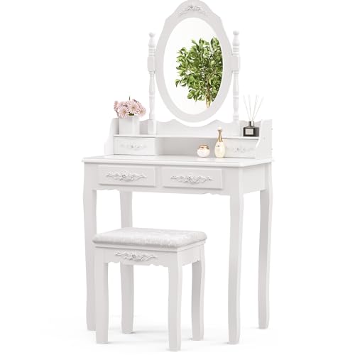 Whalefall Girls Makeup Vanity Set with Mirror and Stool Small White Dressing Vanity Desk Table with Chair and Mirror (White Vanity)
