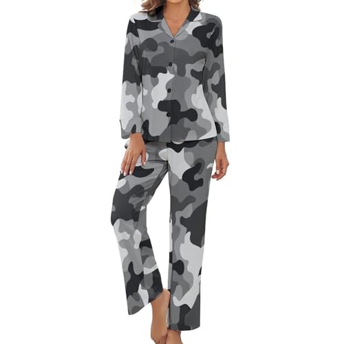 Pyjama femme de 2 pièces ensemble nuit grande taille manches longues col revers imprimé