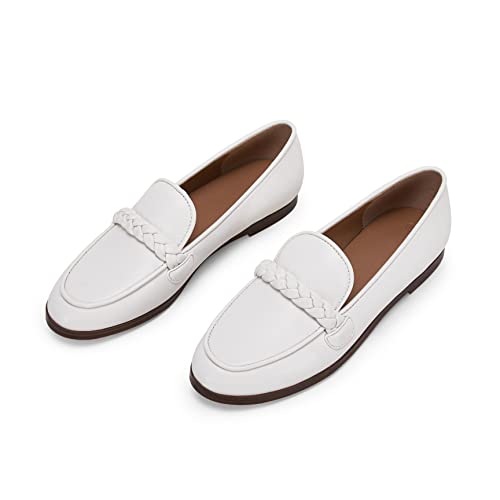 Womens Classic Loafers Comfort Flats Narrow Fit Cute Braided Strap Moc Toe Casual Slipper Slip On Shoes White #TOP12