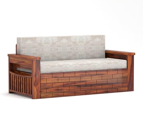 Image of Solid Sheesham Wood Diwan Bed for Living Room & Bedroom | Modern Wooden Sofa Cums Bed with Side Storage Rack | Multipurpose Day Bed for Home Furniture (Honey Finish)