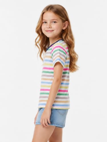 Image of LittleSpring Boys Girls T Shirt Rainbow Striped Cotton Crewneck Tees for Kids Fashion