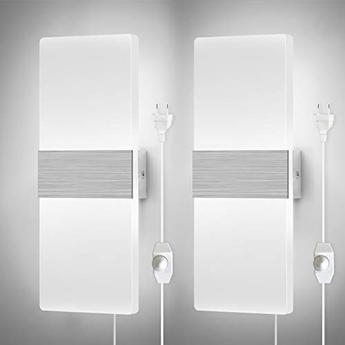 Glighone Apliques Pared Enchufable Lámparas de Pared Regulable Moderno Luz de Pared con Enchufe Interruptor LED Arriba Abajo Lámpara Pared 12W para Dormitorio Pasillo Salon, Blanco Frio
