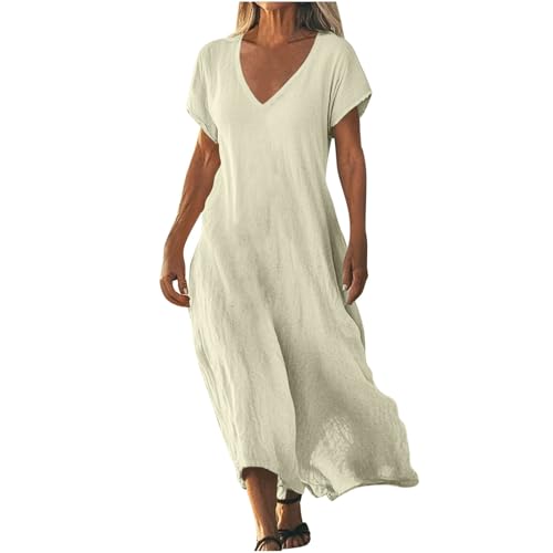 Leinenkleid Damen Sommerkleid Elegant Lang Freizeitkleider Strandkleid V-Ausschnitt A-Linien Boho Kleid Lässig Urlaubskleid Baumwolle und Leinen...