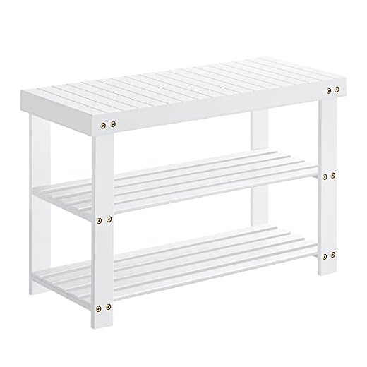 SONGMICS LBS004W01 Banco de estantería de Zapatos, de bambú de Tres Capas, aforo 286 Libras, 11,3 x 27,6 x 17,8 Pulgadas, Adecuado para Dormitorio, baño o Entrada, Blanco