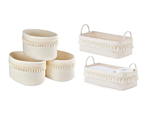 Image of Mkono 5 Pcs Storage Baskets Macrame Decorative Woven Baskets Organizer for Bathroom Closet Shelf Benroom Nursery Boho Decor