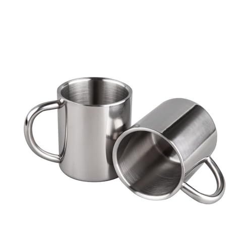 PIQIUQIU Paquete de 2 tazas de café de acero inoxidable de 220 ml con asa, tazas de doble pared, tazas de camping para mantener las bebidas calientes o frías, taza de café de viaje, taza de agua