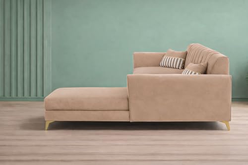 Image of Adorn India Premium Luster 6 Seater L Shape Sofa Set | Velvet Suede Fabric | 3-Year Warranty | RHS |Color Beige with Golden Legs & Striped Pattern Cushion