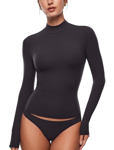 INLYRIC Women's Inbarely Soft Mock Turtleneck Double Lined Long Sleeve Tops Going Out Slim Fitted Sexy Trendy T-Shirts