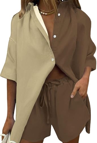 Image of Fixmatti Women 2 Piece Outfits Long Sleeve Button Down Blouse and Shorts Sweatsuit Sets