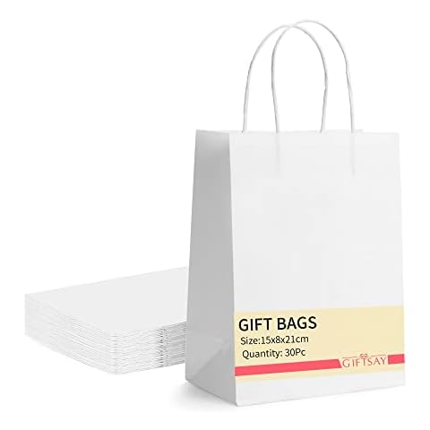 GIFTSAY Small Gift Bags with Handles Bulk 15X8X21cm 30pc Sturdy Paper Bags White for Wedding Party Favor Bags, Grocery Shopping Bags, Retail Merchandise Bags Gift Sacks and Birthday Gift Bags Cover