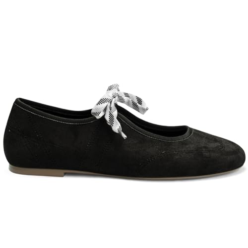 Women’s Lace Up Ballet Flats Comfortable Suede Round Toe Mary Jane Flats Casual Dressy Slip On Ballerina Shoes for Work Travel