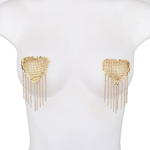 Image of ZGMYC Sparkly Rhinestones Metal Chain Nipple Cover with Tassel, Reusable Adhesive Pasties Sexy Bra Body Chain
