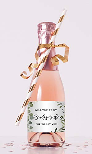 Eucalyptus Greenery Bridesmaid Proposal Mini Champagne Bottle Labels - Set of 12