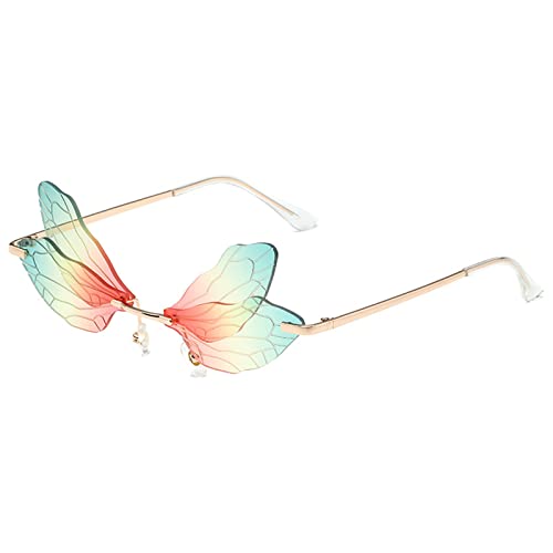 YOJUED Sonnenbrille mit Libelle Flügel Schmetterling Unregelmäßige Brille für Damen Mädchen (Rot Grün)