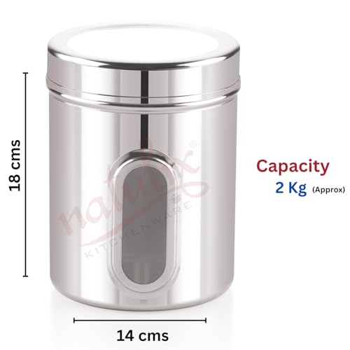 Image of NATULIX 2 Kg Stainless Steel Containers for kitchen with See Through Window | Kitchen Containers Set | Silver | Mirror Finish (2500ml - 6pcs) Food Grains Capacity - 2kg Approx