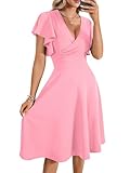 LYANER Women's Deep V Neck Ruffle Short Sleeve Wrap Swing A Line Flared Cocktail Party Midi Dress Pink X-Large