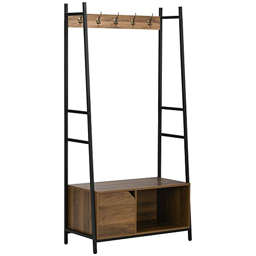 HOMCOM Perchero con Zapatero Perchero con Banco Mueble Recibidor con 5 Ganchos Puerta y Estante Abierto para Pasillo Entrada 84x40x169 cm Marrón Rústico