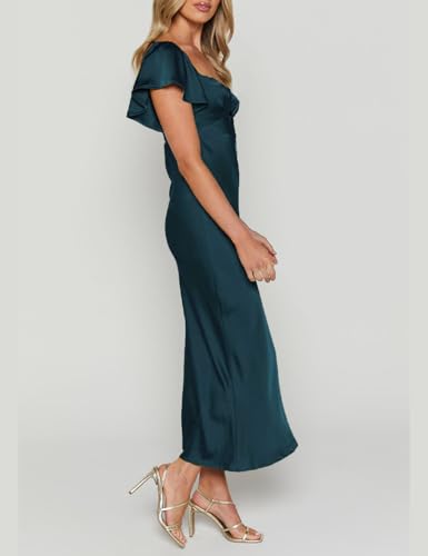 Image of Summer Satin Flutter Sleeve Wedding Guest Dresses for Women Sweetheart Neckline Cutout Tie Back Midi Cocktail Dress