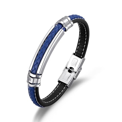 XSDSLS Lederarmband für Herren Leder Geflochten Armband mit Edelstahl Schluss Mehrschichtiges Geflochten Armbänder Geschenke für Herren Männer (Blau)