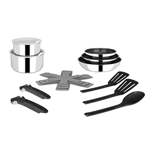Sitram, batterie cuisine inox, 15 pcs, 2 casseroles 2 couvercles, 3 feutrines, 2 spatules, 1 cuillère en nylon, 2 poignées amovibles, tous feux dont induction 714690 Gris