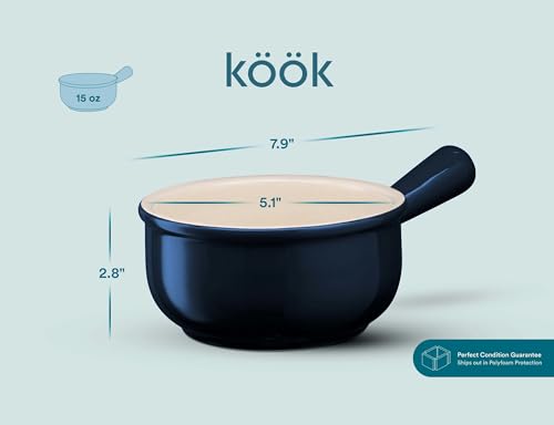 Kook Lot de 4 bols à soupe à l'oignon français en céramique, passent au micro-ondes, au lave-vaisselle et au four, avec poignée facile à saisir, en grès, pour chili et ragoût, 425,2 g, bleu marine