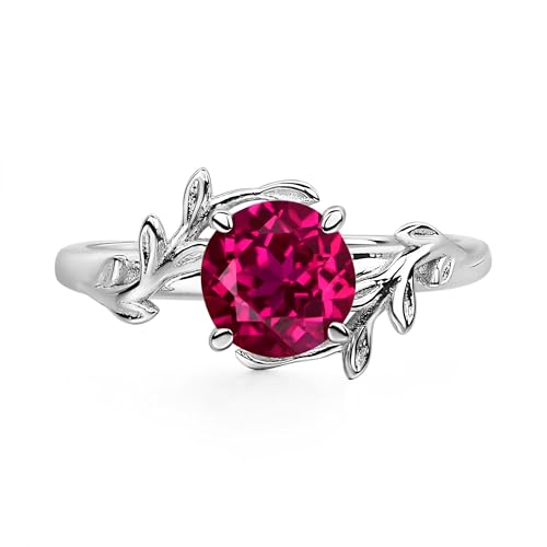 LUO 925 Sterling Silver Rings 7MM Round Shaped Gemstone Engagement Rings with Leaf Design Promise Rings for Her Birthday Christmas Valentine's Day Jewelry Size 3-13