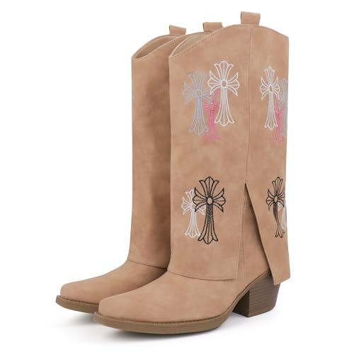 Hawkwell Cowboy Boots For Women Western Cowgirl Boots with Chunky Heel Mid Calf Snip Toe Side Zip Shark Boots with Embroidered Pull On Dress Fold Over Booties for Ladies