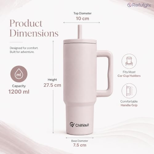 Image of REFULGIX ChillVault 1200ml Stainless Steel Tumbler | Double-Wall Insulated Travel Mug with Handle, 2 Straws & Leak-Proof Lid | Keeps Drinks Hot & Cold | Creamstone