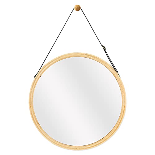 Navaris Espejo Colgante Redondo - con Cuerda para Colgar en la Pared - Espejo Circular con Marco de bambú para baño recibidor habitación - 35 CM