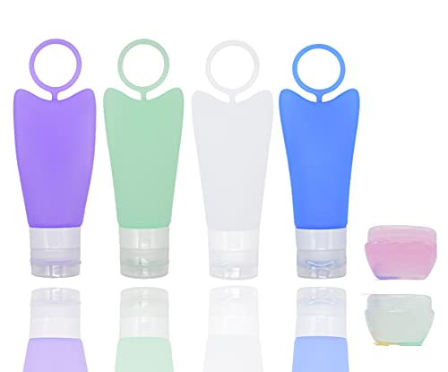 Lot de 4 ou 5 flacons de voyage en silicone anti-fuite et trousse de maquillage transparente pour shampooings, lotions et produits de soins corporels 89 ml, b, Set Cover