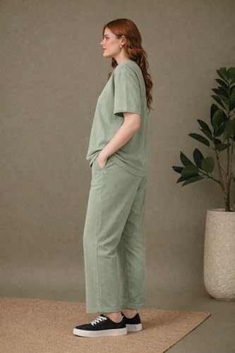 Image of Kvetoo Women Solid Tracksuit Set Cotton Lounge Wear Set Half Sleeve Polo T-Shirt & Straight Pant Casual Travel Outfit