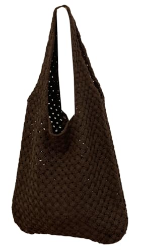 Crochet Knit Shoulder Bag Women Casual Tote Purse Hollow Design Woven Handbag Shopping Beach Travel