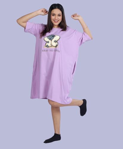 Image of LAMA STORE Women's Printed Oversized T-Shirt Dress, Cotton, 3 /4 Sleeve Length, Casual Loose Fit, Comfort Wear Extra Comfy Oversized Printed Pocket T-Shirt Dress