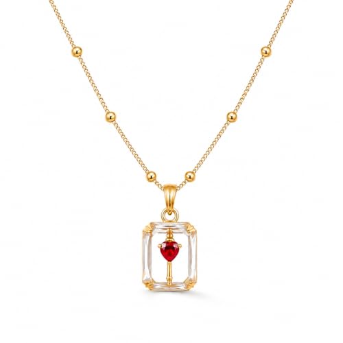Image of Gold Plated Pendant Necklace for Women & Girls, Clear Rectangle-Cut CZ Pendant with Red Heart Stone, Lightweight Beaded Chain Jewellery for Office, Party & Gifting