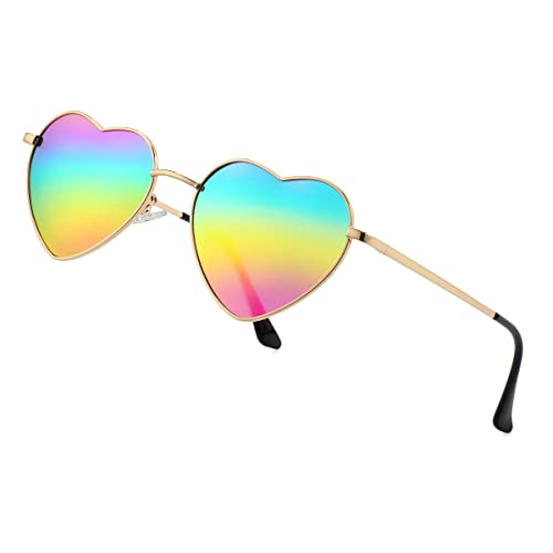 JOVAKIT Polarized Heart Sunglasses for Women Fashion Lovely Style Metal Frame UV400 Protection Lens (Gold/Rainbow Mirror)