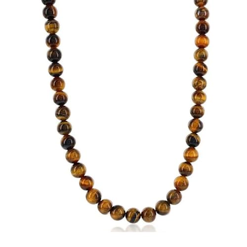 Image of TreasureBay Handmade Mens Beaded Necklace Chain Tigers Eye Black Agate Blue Lapis Lazuli 8MM Natural Gemstones Healing Crystal Jewellery for Men (52, Brown's Tiger's Eye)