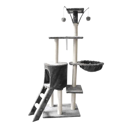 Raganet, Árbol Trepador y Rascador para Gatos, Torre de Actividades de Varios Niveles, Castillo con Escaleras, Hamaca, Cubiertas de Felpa, Seguro y Duradero de 140cm Alto X 50cm Largo (Gris) - Imagen 3