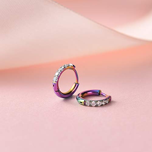 Image of Hypoallergenic Unisex Surgical Steel Small Cubic Zirconia Huggie Hoop Earring, Color Gold - Silver - Rose Gold - Black - Rainbow, Size 6mm- 12mm Safe for Sensitive Ear