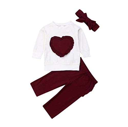 Infant Toddler Baby Girl Valentines Day Outfits Long Sleeve Heart Sweatshirt T-Shirt Tops Ruffle Pants Headband (Wine red, 12-18 Months)