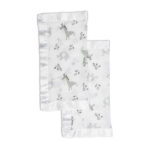 lulujo Baby Security Lovey Blankets| Unisex Softest Breathable Cotton Muslin Security Blanket with Silky Satin Trim| Neutral Comforting Blanket for Girls & Boys | 16in by 16 in| Afrique