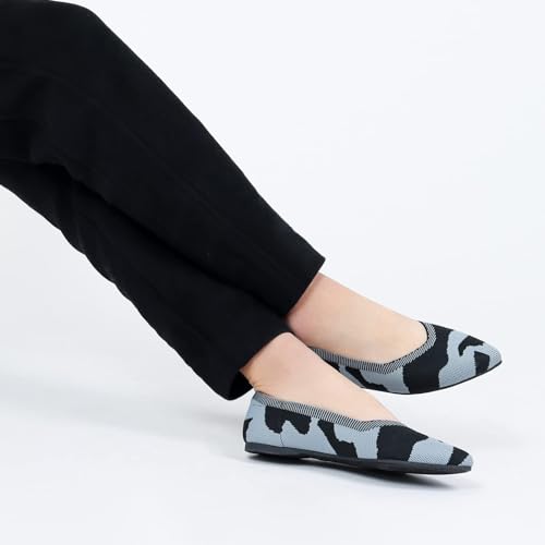 ADAMUMU Flats for Women Mother's Day Knit Stretch Flat Close Toe Dress Shoes for Women Dressy Comfort with Small Heel,Stripeblue,5M2