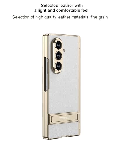 Image of Midkart Magnetic Case Compatible with Samsung Galaxy Z Fold 7 Release 2025 Hinge Protection Leather Cover with Stand Electroplated Camera Protection, White & Gold