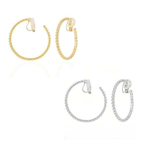 Image of FAN&LOUIS 24K Gold Plated Hoop Clip On Earrings for Women, Gold Beaded Hoop Trendy Hypoallergenic Non Pierced Earrings Painless Lightweight 38mm Clip-On Earrings