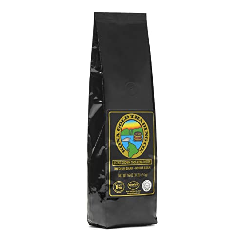 Kona Gold Coffee Whole Beans - 16 oz, by Kona Gold Rum Co. - Medium/Dark Roast Extra Fancy - 100% Kona Coffee